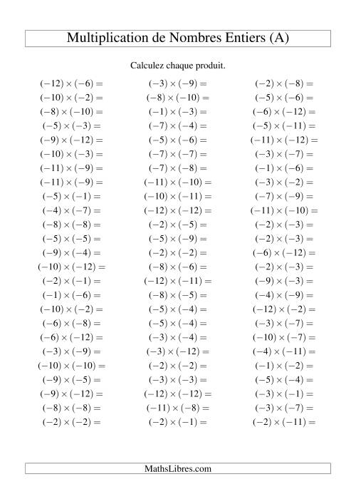 Multiplication de nombres entiers -- Négatif multiplié par négatif (75 par page) (A)