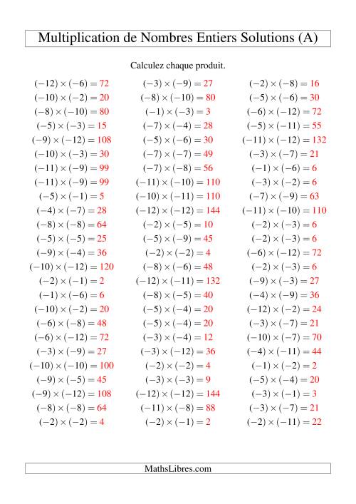 Multiplication de nombres entiers -- Négatif multiplié par négatif (75 par page) (A) page 2