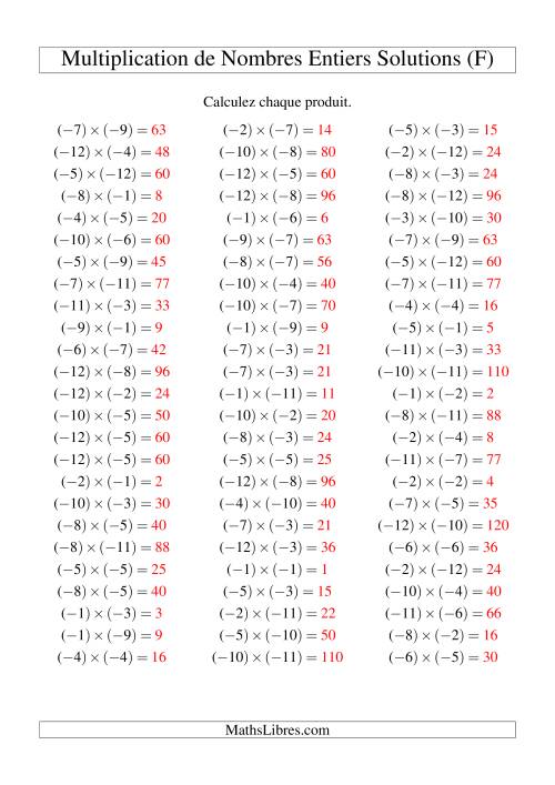 Multiplication de nombres entiers -- Négatif multiplié par négatif (75 par page) (F) page 2