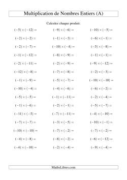 Multiplication de nombres entiers -- Négatif multiplié par négatif (45 par page)