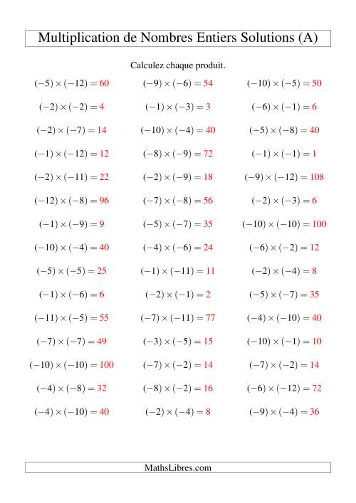Multiplication de nombres entiers -- Négatif multiplié par négatif (45 par page) (A) page 2