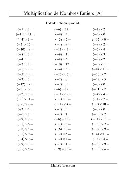 Multiplication de nombres entiers -- Négatif multiplié par positif (75 par page) (A)