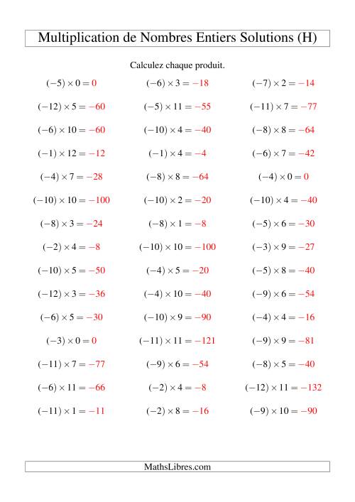 Multiplication de nombres entiers -- Négatif multiplié par positif (45 par page) (H) page 2
