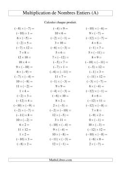 Multiplication de nombres entiers de (-12) à 12 (75 par page)
