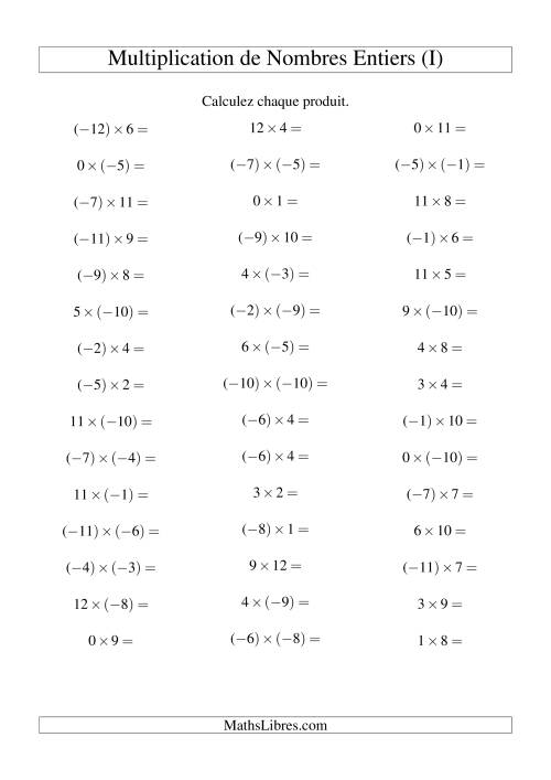 Multiplication de nombres entiers de (-12) à 12 (45 par page) (I)