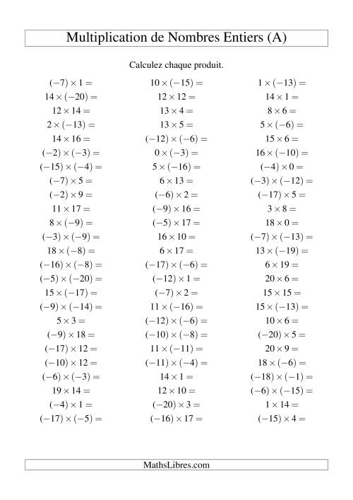 Multiplication de nombres entiers de (-20) à 20 (75 par page) (A)