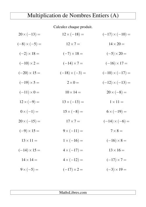 Multiplication de nombres entiers de (-20) à 20 (45 par page) (A)