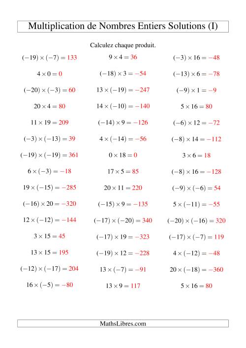 Multiplication de nombres entiers de (-20) à 20 (45 par page) (I) page 2