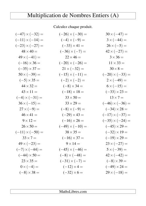 Multiplication de nombres entiers de (-50) à 50 (75 par page) (A)