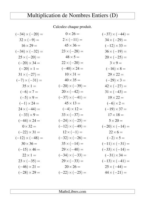 Multiplication de nombres entiers de (-50) à 50 (75 par page) (D)