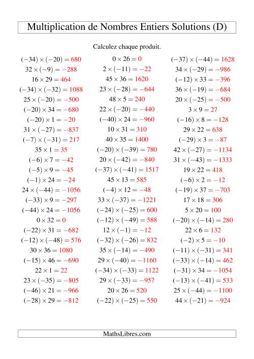 Multiplication de nombres entiers de (-50) à 50 (75 par page) (D) page 2