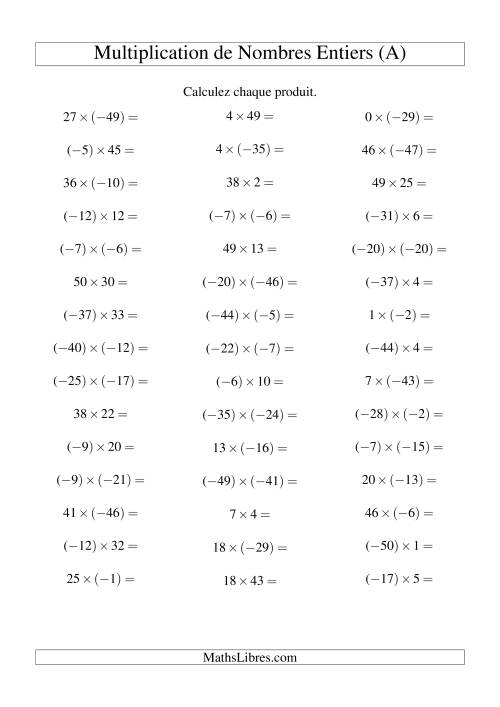 Multiplication de nombres entiers de (-50) à 50 (45 par page) (A)