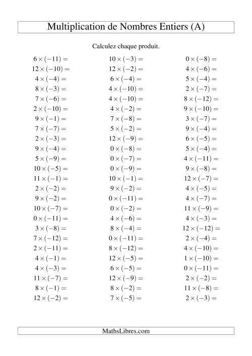 Multiplication de nombres entiers -- Positif multiplié par négatif (75 par page) (A)