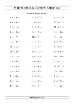 Multiplication de nombres entiers -- Positif multiplié par négatif (45 par page)