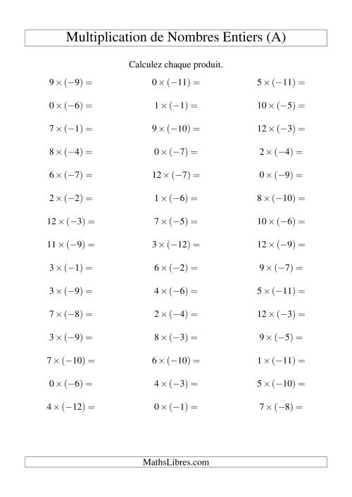 Multiplication de nombres entiers -- Positif multiplié par négatif (45 par page) (A)