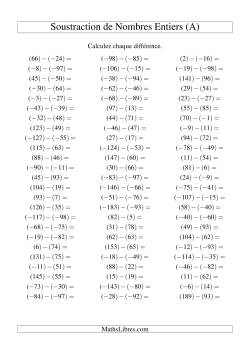 Soustraction de nombres entiers de (-99) à 99 (75 par page)