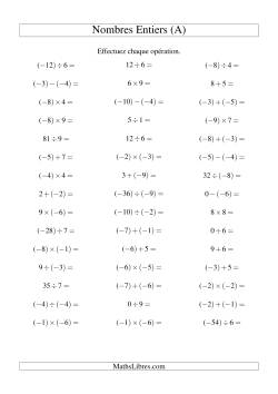 Opérations sur les nombres entiers de (-9) à 9 (45 par page)