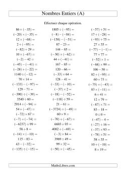 Opérations sur les nombres entiers de (-99) à 99 (75 par page)