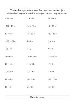 Toutes les Opérations avec des Nombres Entiers de -25 à 25 (Sans les Parenthèses)