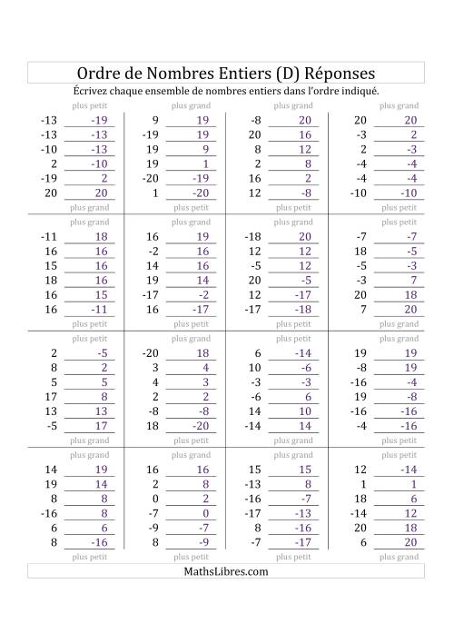 Placer en Ordre des Nombres Entiers de -20 à 20 (D) page 2