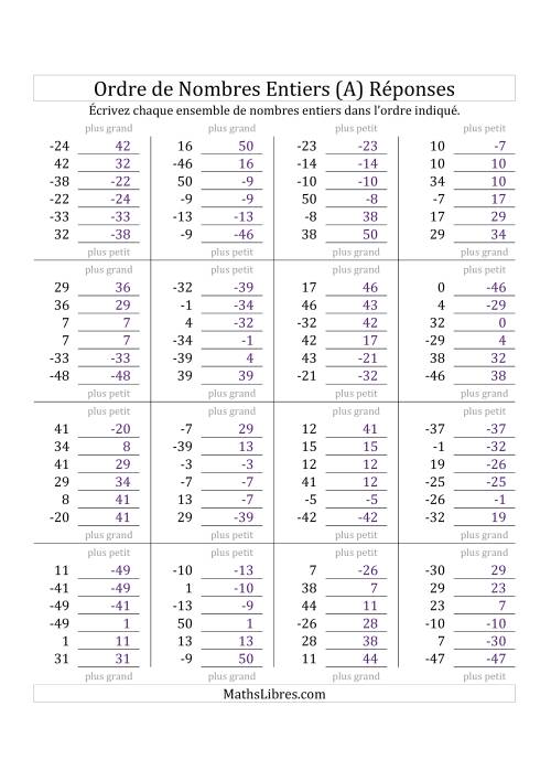 Placer en Ordre des Nombres Entiers de -50 à 50 (A) page 2