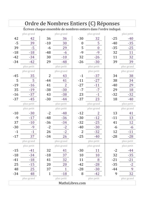 Placer en Ordre des Nombres Entiers de -50 à 50 (C) page 2