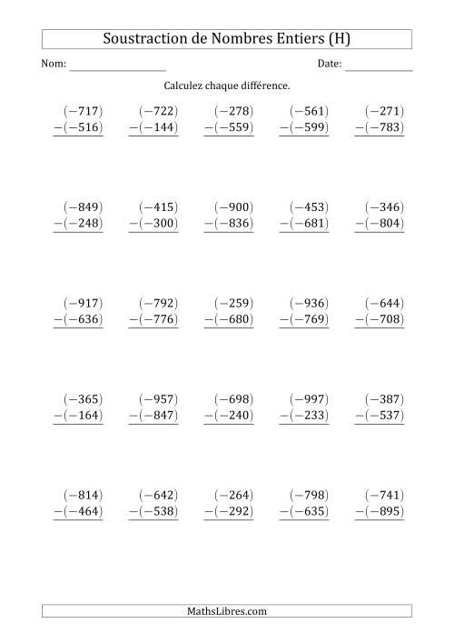 Soustraction d'un Entier Négatif à 3 Chiffres par un Entier Négatif (Arrangés Verticalement) (H)