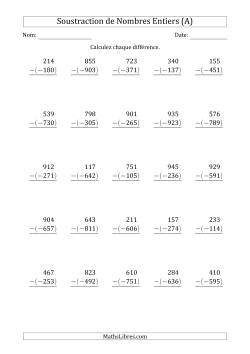 Soustraction d'un Entier Positf à 3 Chiffres par un Entier Négatif (Arrangés Verticalement)