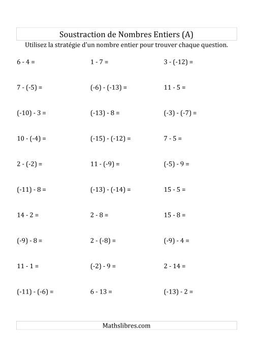 Soustraction de Nombres Entiers de (-15) à 15 (Parenthèses sur les Nombres Négatifs) (A)
