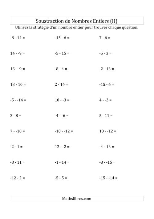 Soustraction de Nombres Entiers de -15 à 15 (Sans les Parenthèses) (H)