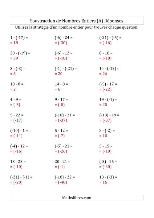Soustraction de Nombres Entiers de (-25) à 25 (Parenthèses sur les Nombres Négatifs) (A) page 2