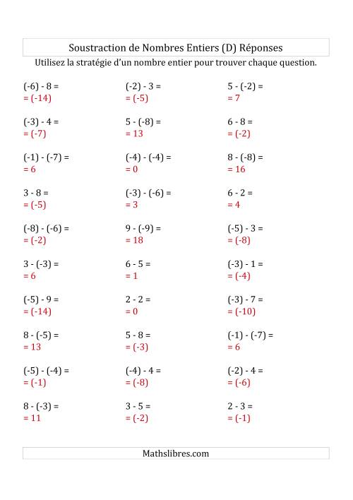 Soustraction de Nombres Entiers de (-9) à 9 (Parenthèses sur les Nombres Négatifs) (D) page 2