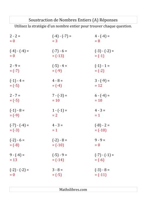 Soustraction de Nombres Entiers de (-9) à 9 (Parenthèses sur les Nombres Négatifs) (Tout) page 2