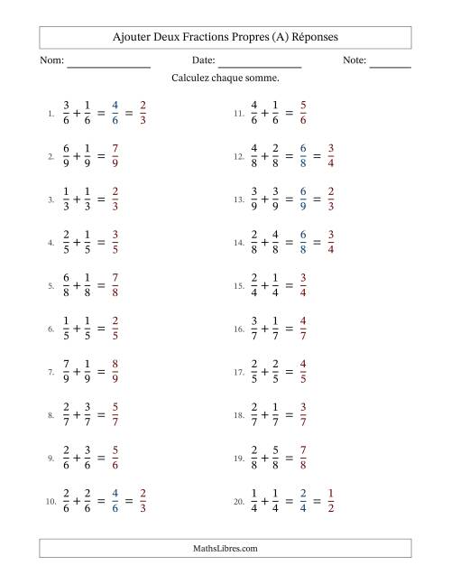 Ajouter deux fractions propres avec des dénominateurs égaux, résultats en fractions propres, et avec simplification dans quelques problèmes (Remplissable) (A) page 2