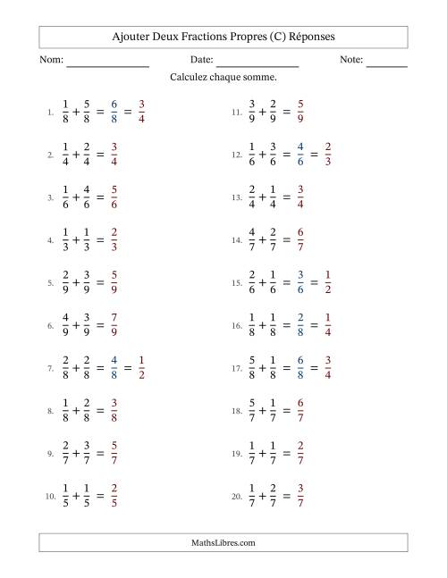 Ajouter deux fractions propres avec des dénominateurs égaux, résultats en fractions propres, et avec simplification dans quelques problèmes (Remplissable) (C) page 2