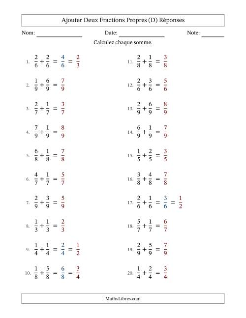Ajouter deux fractions propres avec des dénominateurs égaux, résultats en fractions propres, et avec simplification dans quelques problèmes (Remplissable) (D) page 2