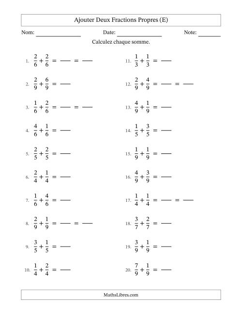 Ajouter deux fractions propres avec des dénominateurs égaux, résultats en fractions propres, et avec simplification dans quelques problèmes (Remplissable) (E)