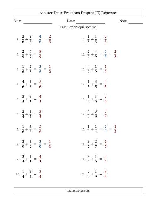 Ajouter deux fractions propres avec des dénominateurs égaux, résultats en fractions propres, et avec simplification dans quelques problèmes (Remplissable) (E) page 2