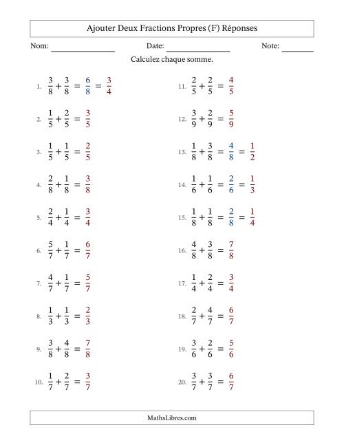 Ajouter deux fractions propres avec des dénominateurs égaux, résultats en fractions propres, et avec simplification dans quelques problèmes (Remplissable) (F) page 2