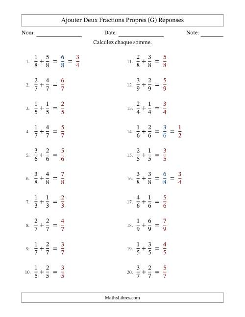Ajouter deux fractions propres avec des dénominateurs égaux, résultats en fractions propres, et avec simplification dans quelques problèmes (Remplissable) (G) page 2
