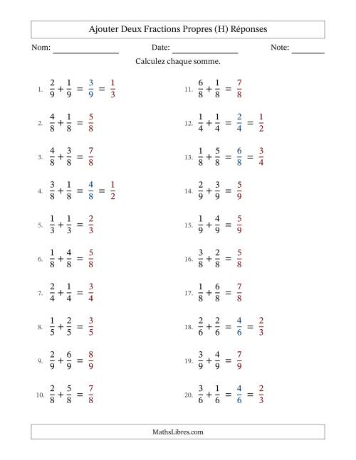 Ajouter deux fractions propres avec des dénominateurs égaux, résultats en fractions propres, et avec simplification dans quelques problèmes (Remplissable) (H) page 2