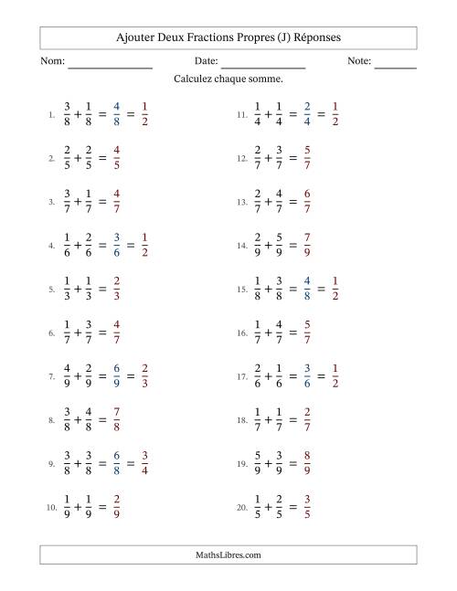 Ajouter deux fractions propres avec des dénominateurs égaux, résultats en fractions propres, et avec simplification dans quelques problèmes (Remplissable) (J) page 2