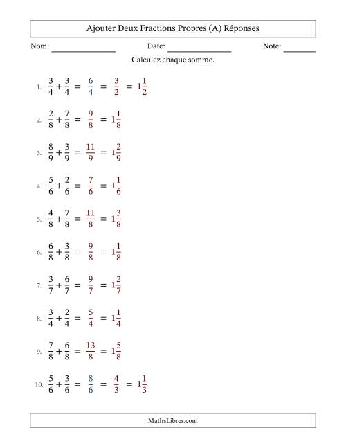 Ajouter deux fractions propres avec des dénominateurs égaux, résultats en fractions mixtes, et avec simplification dans quelques problèmes (Remplissable) (A) page 2