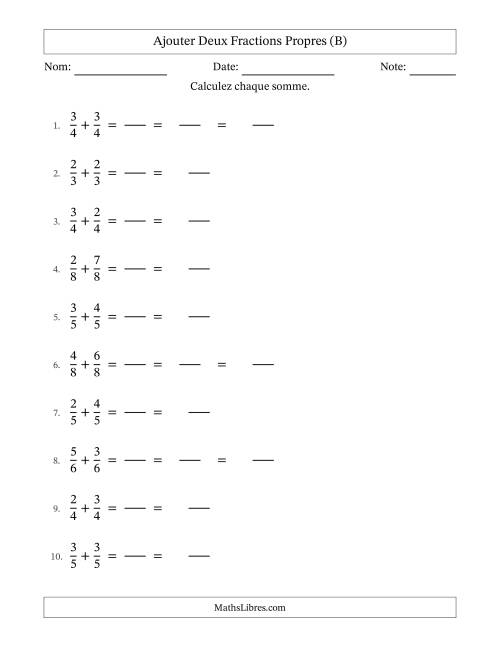 Ajouter deux fractions propres avec des dénominateurs égaux, résultats en fractions mixtes, et avec simplification dans quelques problèmes (Remplissable) (B)