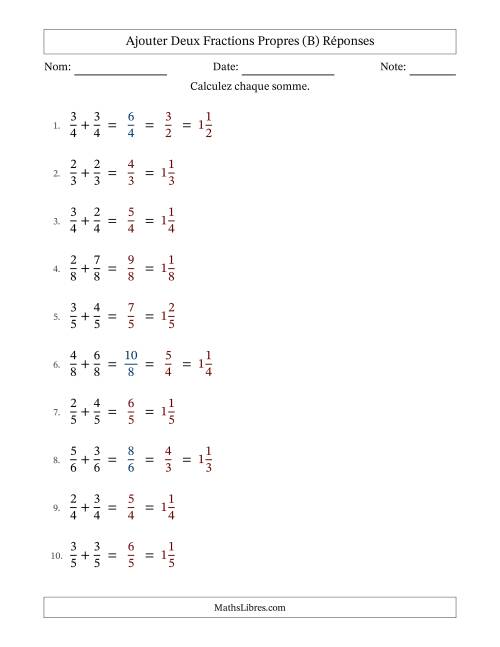 Ajouter deux fractions propres avec des dénominateurs égaux, résultats en fractions mixtes, et avec simplification dans quelques problèmes (Remplissable) (B) page 2