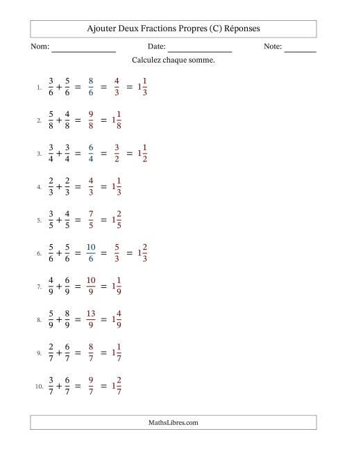 Ajouter deux fractions propres avec des dénominateurs égaux, résultats en fractions mixtes, et avec simplification dans quelques problèmes (Remplissable) (C) page 2