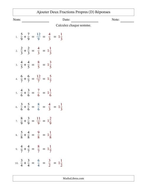 Ajouter deux fractions propres avec des dénominateurs égaux, résultats en fractions mixtes, et avec simplification dans quelques problèmes (Remplissable) (D) page 2