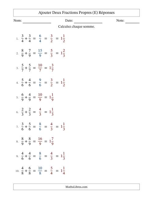 Ajouter deux fractions propres avec des dénominateurs égaux, résultats en fractions mixtes, et avec simplification dans quelques problèmes (Remplissable) (E) page 2
