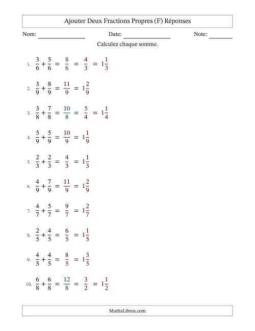 Ajouter deux fractions propres avec des dénominateurs égaux, résultats en fractions mixtes, et avec simplification dans quelques problèmes (Remplissable) (F) page 2