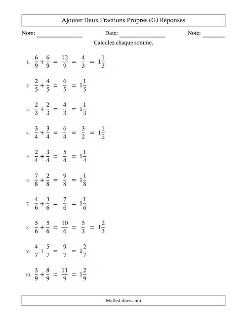 Ajouter deux fractions propres avec des dénominateurs égaux, résultats en fractions mixtes, et avec simplification dans quelques problèmes (Remplissable) (G) page 2